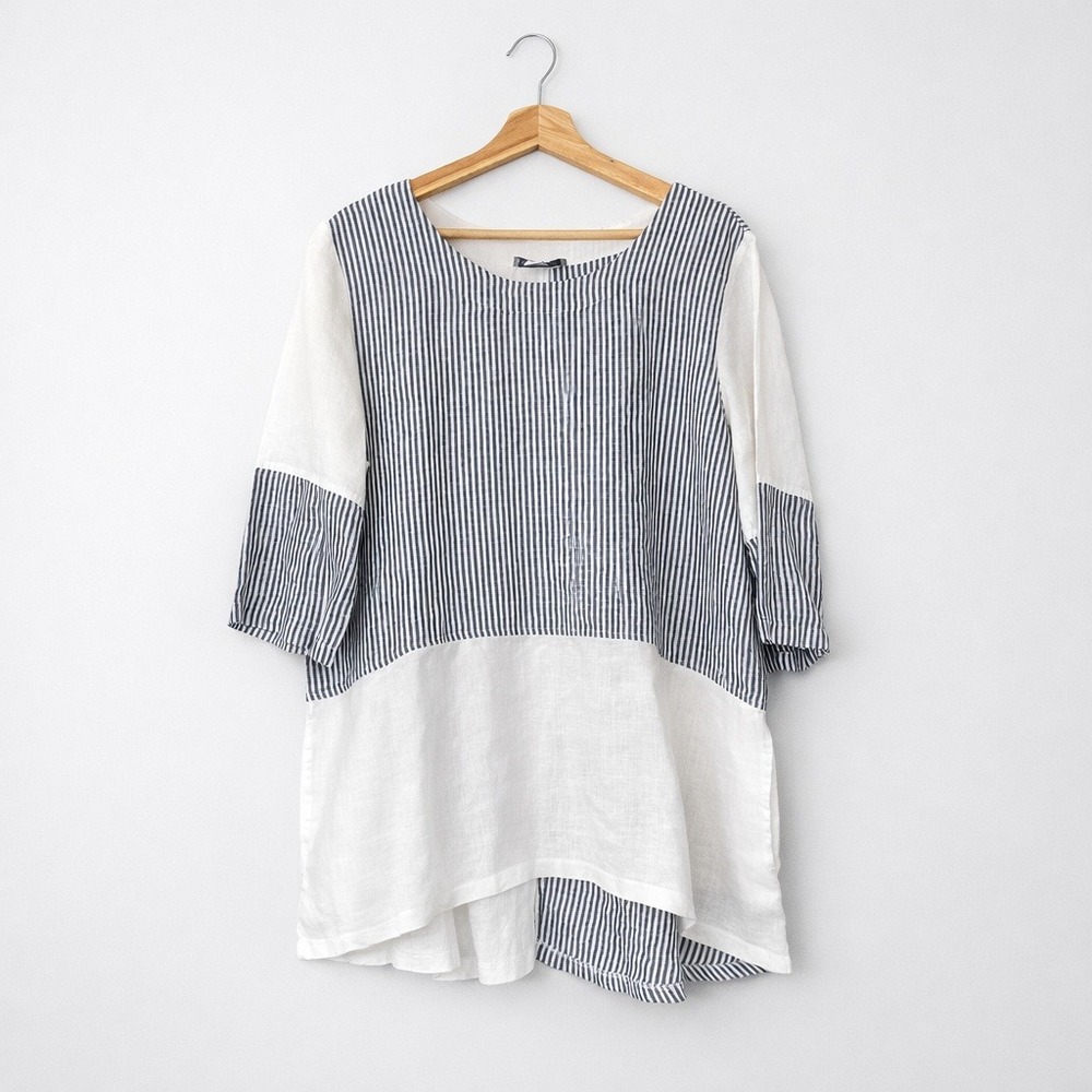 Coldwater Creek Navy Stripe and White Linen Mix Tunic